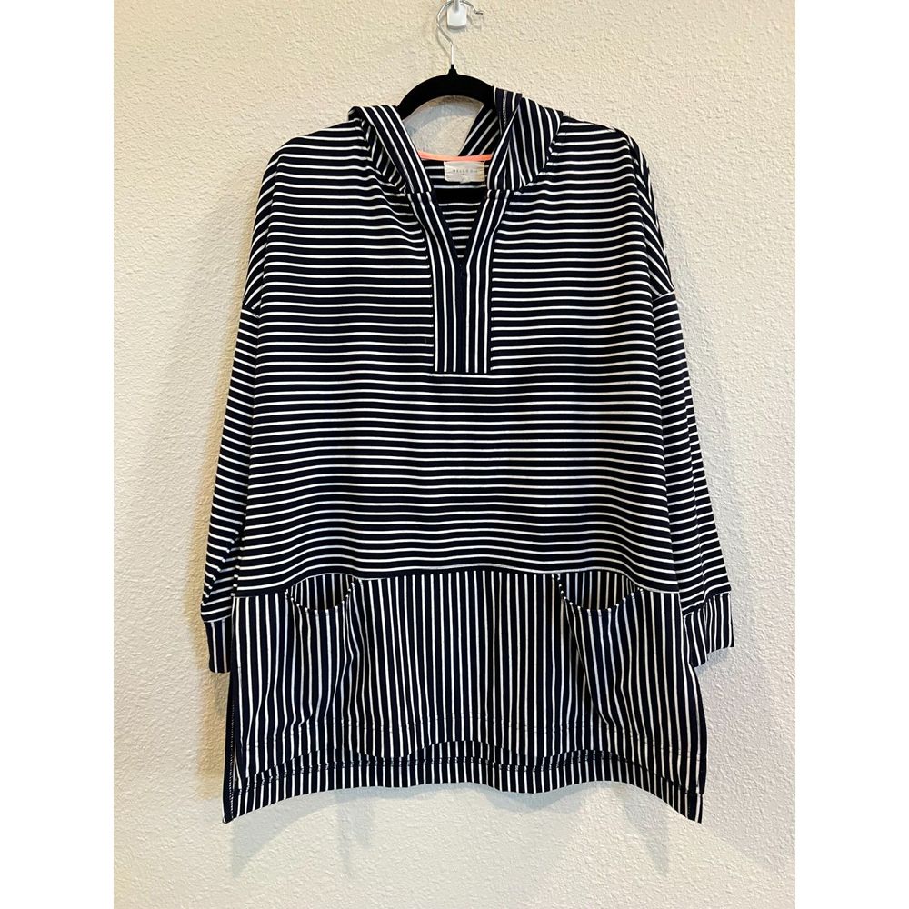 Melloday Hooded Pullover Sweatshirt Size 1X Blue Stripe Stretch Hoodie a869